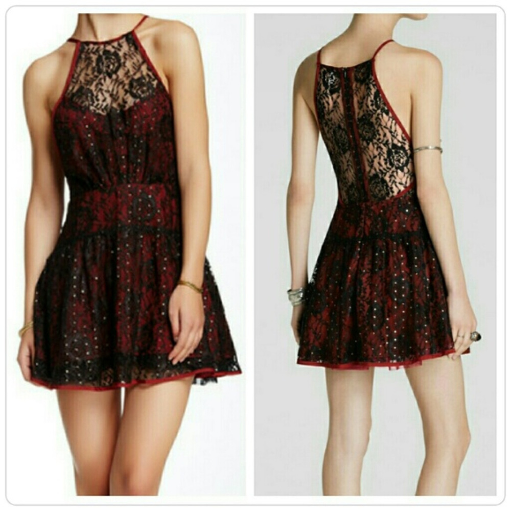 Free people ruby red halter dress mini runs 4-6 cocktail evening party night out